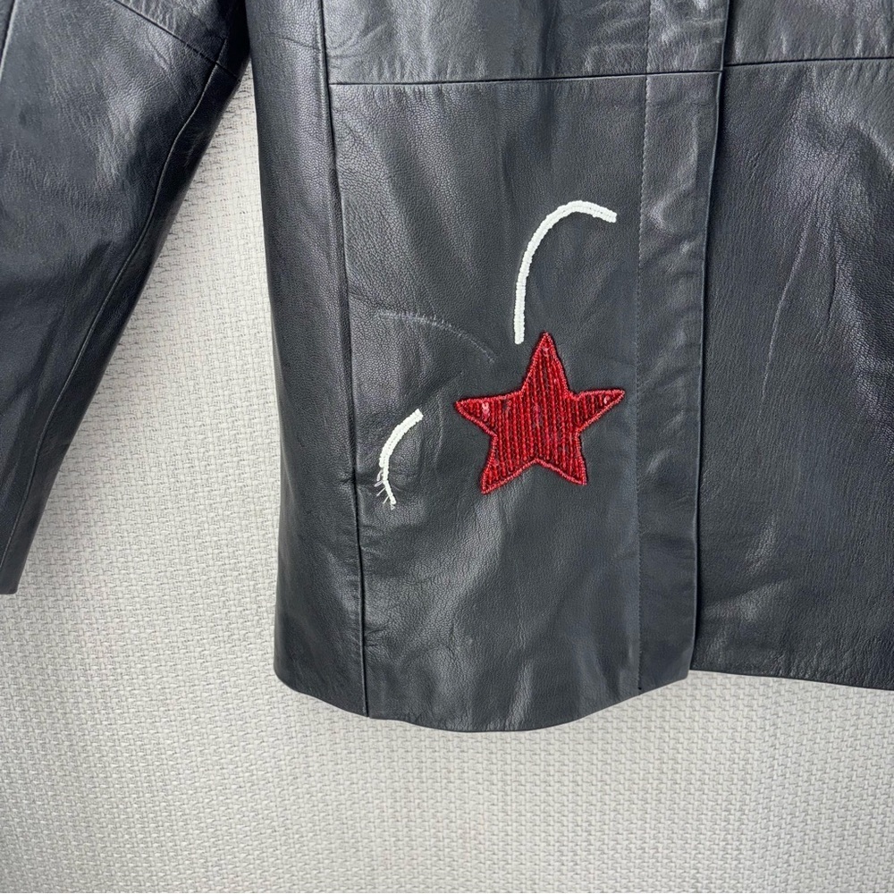 Vtg Quacker Factory USA Flag Sequined 100% Leather Jacket Women Sz S Patriotic - Picture 5 of 6